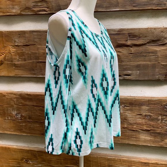 CHARMING CHARLIE Cold Shoulder, Open Back Knit Top.  Geometric Green Black Sz S - Picture 3 of 11
